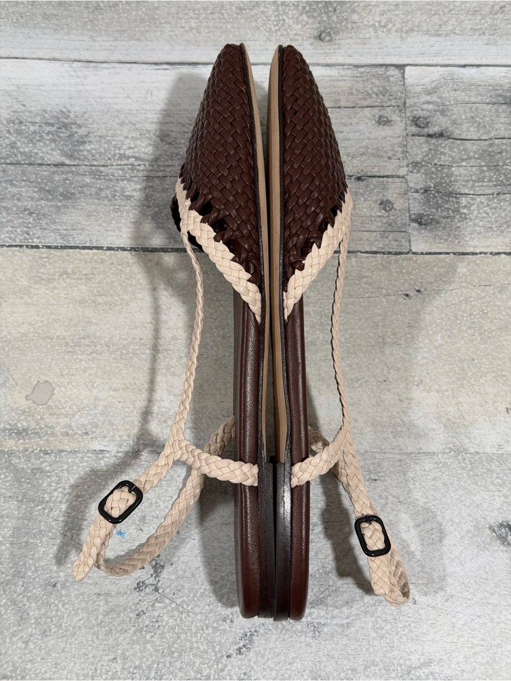 HEREU Rondaia Woven Leather Asymmetrical Sandals In Cocoa/Ivory Sz-8.US/38.EU - Picture 6 of 9